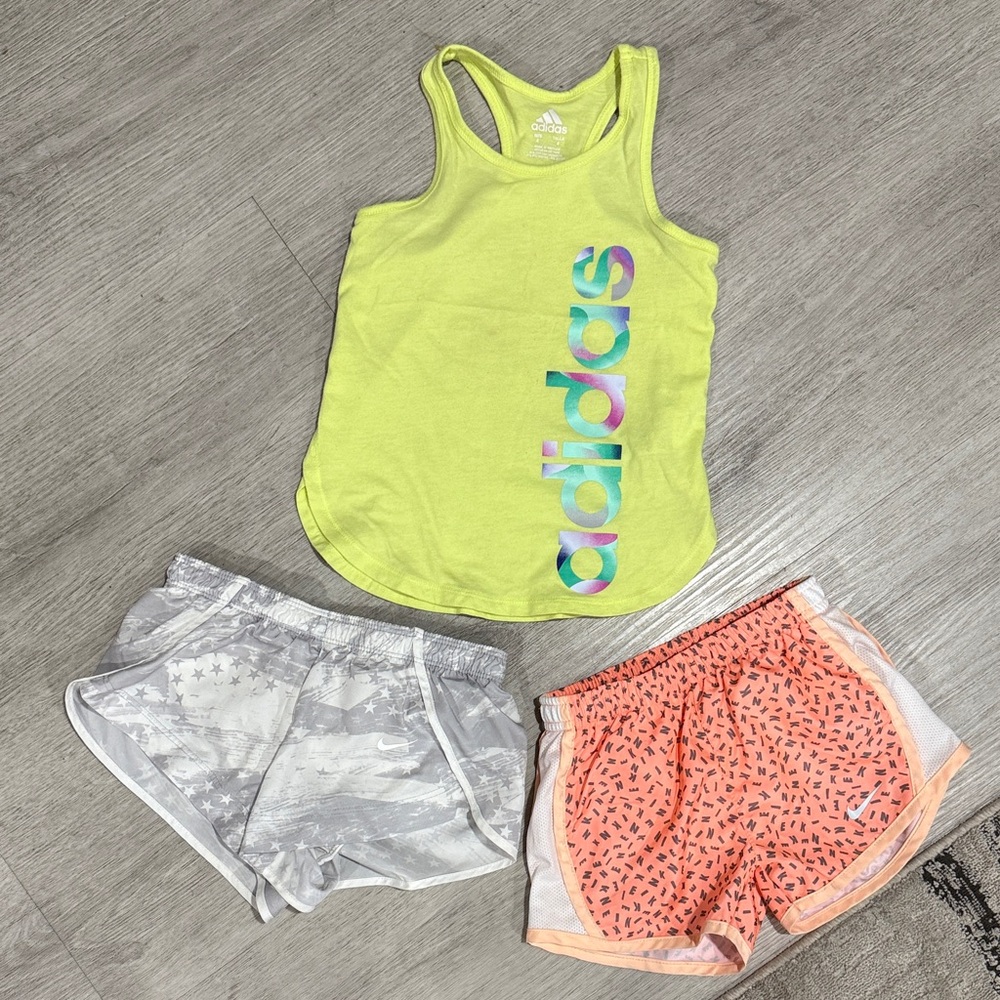 3pc Nike/adudas girls athleisure shorts and tank